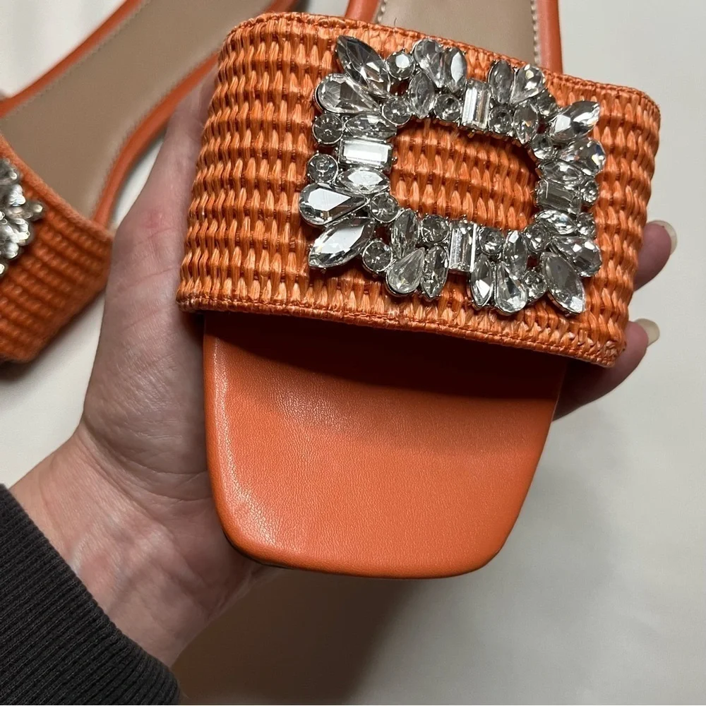 Amazon LVOMU Rhinestone Orange Weave Square Toe Flat Slide Sandals Size EU 38